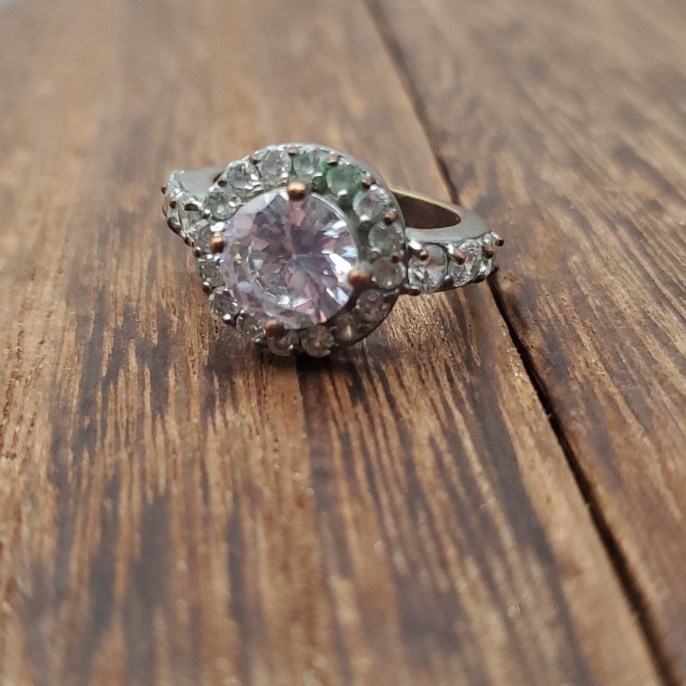 Silver over brass antique wedding band halo crystal size 6‎ R519